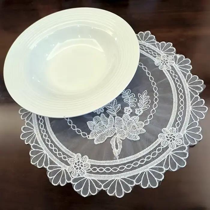 Tapis de plateau européen transparent, broderie en dentelle, serviette de table, décoration d'hôtel, nappe blanche ronde, accent de décoration intérieure