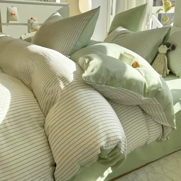 Parure de lit en coton lavé 100% à rayures avec taie d'oreiller