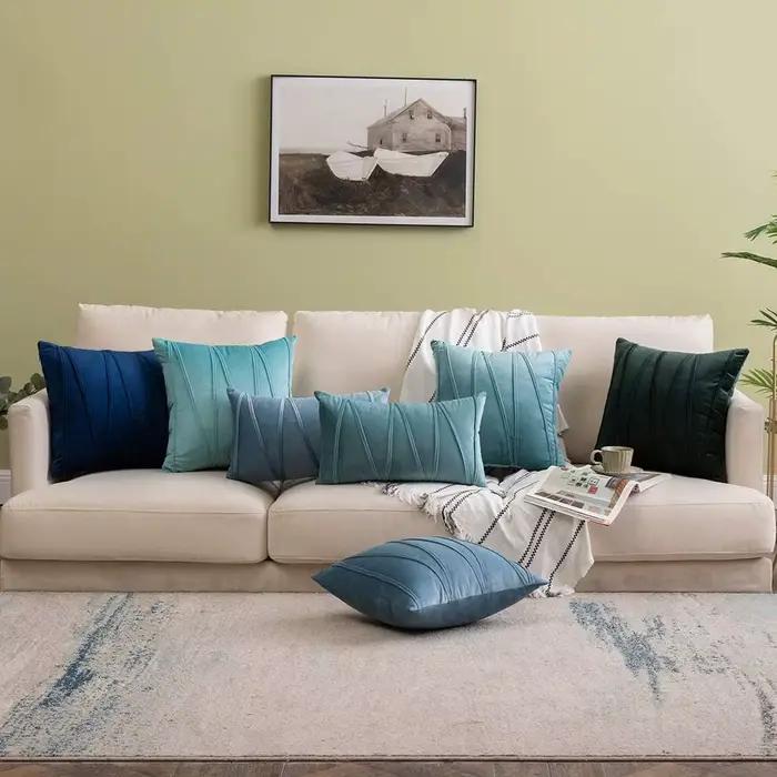 Juste de coussin en velours bleu pour canapé