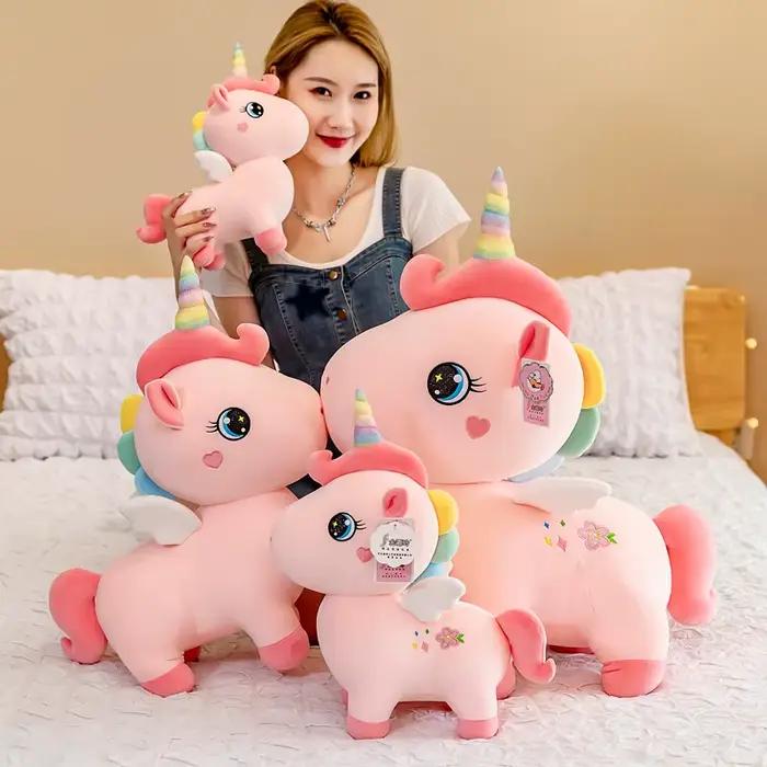 Peluche licorne rose mignonne avec ailes, poupée douce, animaux Kawaii, princesse, dessin animé, coussin, cadeau d'anniversaire pour fille