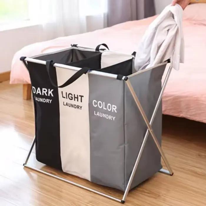 Panier à linge pliable à 3 grilles, grande capacité, organisateur de vêtements, jouets, support en aluminium, panier à linge étanche pour salle de bain