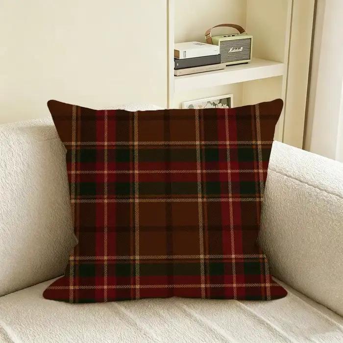 Housse de coussin à motif écossais en lin naturel