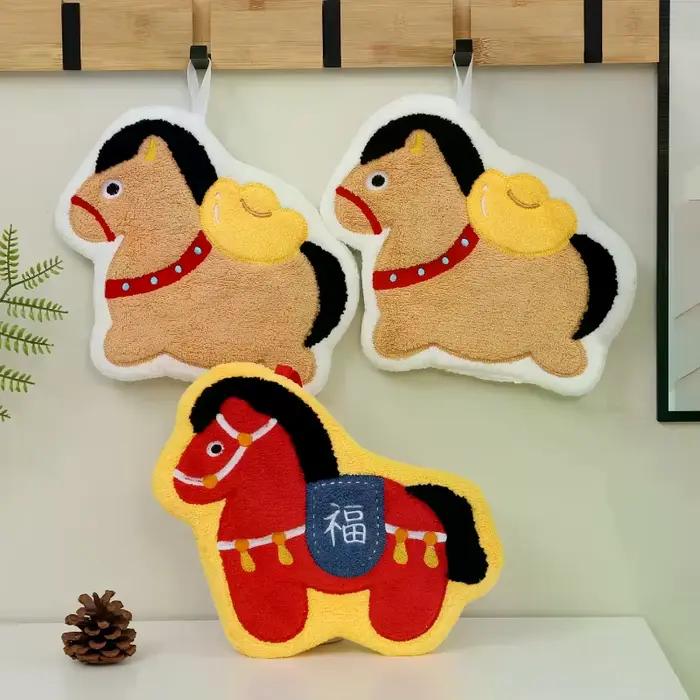 Dessin animé mignon nouvel an poney serviette corail polaire maison cuisine salle de bain lingettes cheval épaissi suspendus serviettes absorbantes