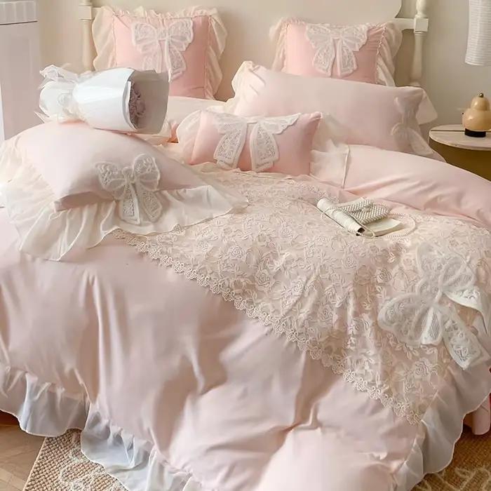 Parure de lit style princesse coréenne avec nœud en dentelle, couverture plissée, belle bordure, pour lit de maison, mariage, pour filles