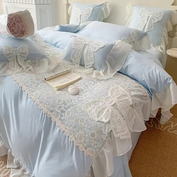 Parure de lit style princesse coréenne avec nœud en dentelle, couverture plissée, belle bordure, pour lit de maison, mariage, pour filles