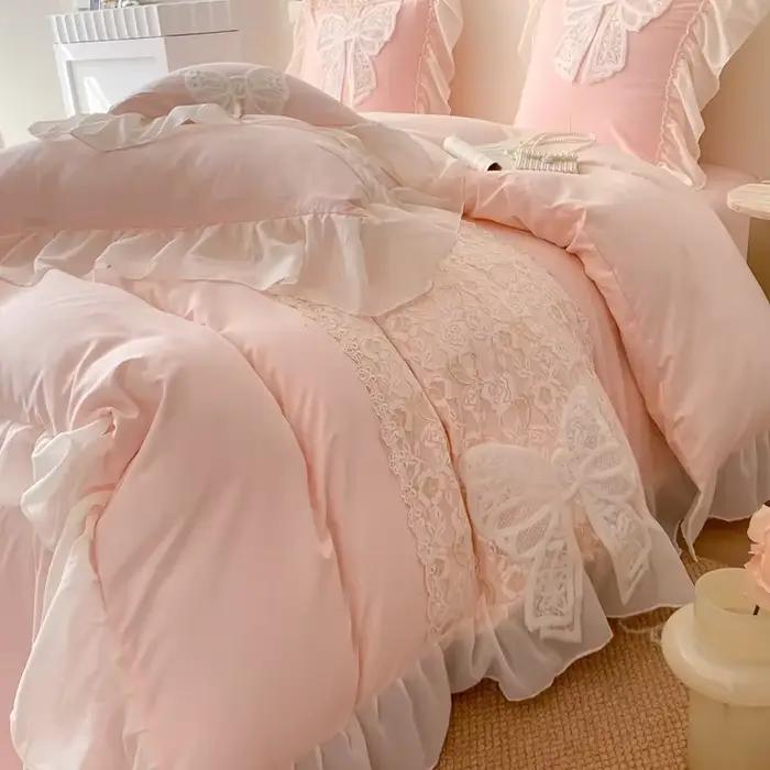 Parure de lit style princesse coréenne avec nœud en dentelle, couverture plissée, belle bordure, pour lit de maison, mariage, pour filles