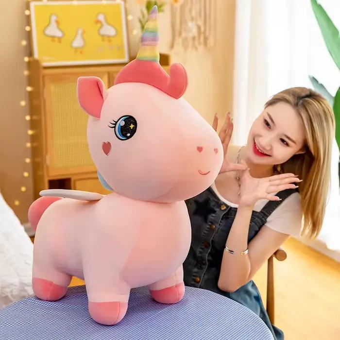 Peluche licorne rose mignonne avec ailes, poupée douce, animaux Kawaii, princesse, dessin animé, coussin, cadeau d'anniversaire pour fille