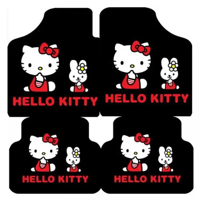 Ensemble de 4 pièces de coussin de voiture Hello Kitty, housse de sol Kawaii, tapis à motif de personnage de dessin animé, doux, décor pratique d'hiver, cadeau