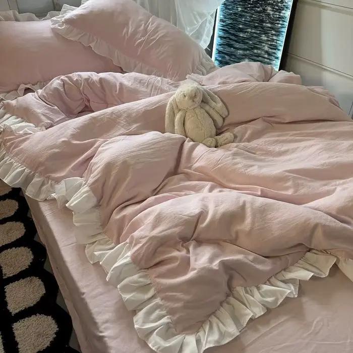 Ins – ensemble de literie princesse rose avec volants, couleur unie, housse de couette douce pour filles et garçons, taie d'oreiller sans remplissage, drap de lit 3 ou 4 pièces