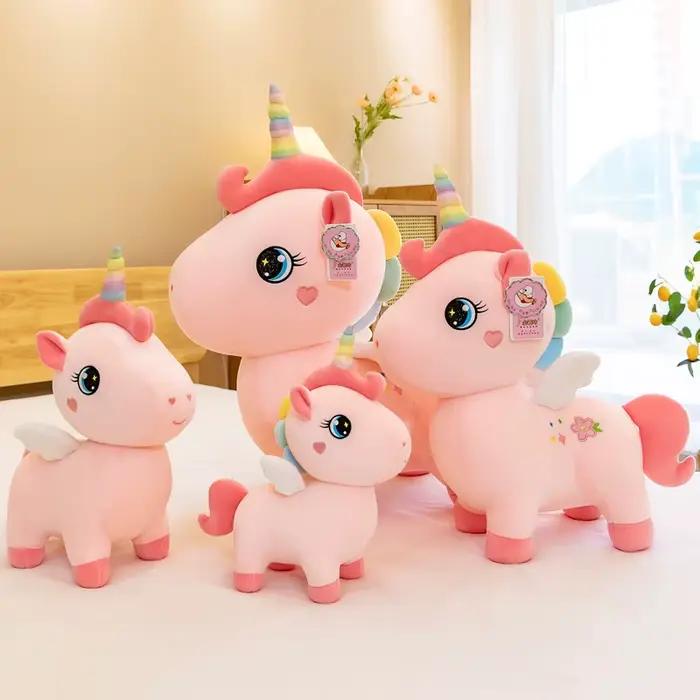 Peluche licorne rose mignonne avec ailes, poupée douce, animaux Kawaii, princesse, dessin animé, coussin, cadeau d'anniversaire pour fille