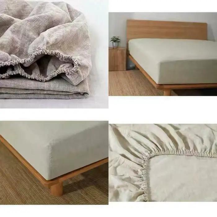 Drap-housse en lin 100% avec bande élastique, housse de matelas réglable coordonnante pour lit simple, double, king size, 140, 160, 200cm