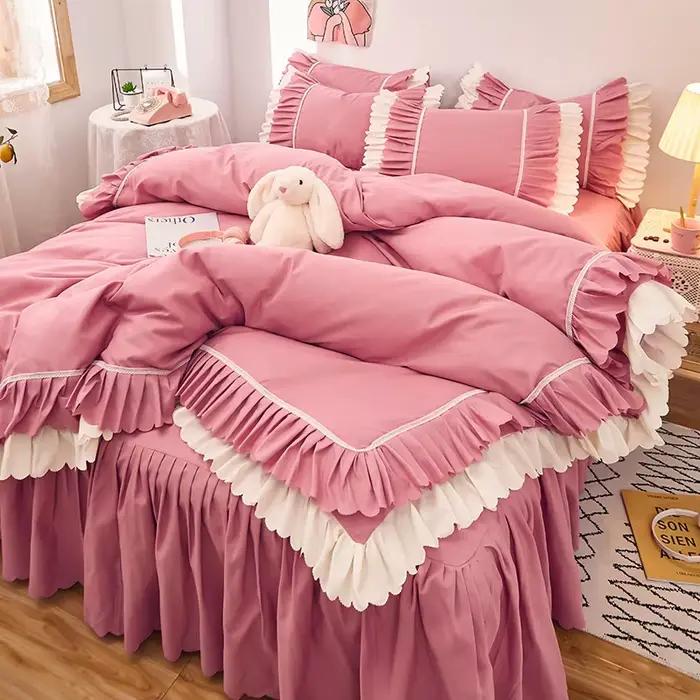 Parure de lit en dentelle rose à volants, ensemble de literie de luxe, jupe, drap, couvre-lit, housse de couette coréenne, couvre-lit princesse pour filles, taies d'oreiller