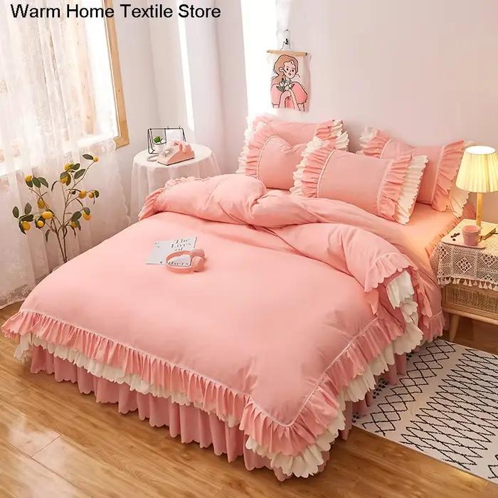 Parure de lit en dentelle rose à volants, ensemble de literie de luxe, jupe, drap, couvre-lit, housse de couette coréenne, couvre-lit princesse pour filles, taies d'oreiller