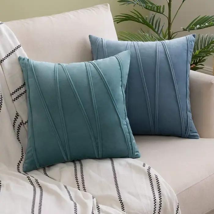 Juste de coussin en velours bleu pour canapé
