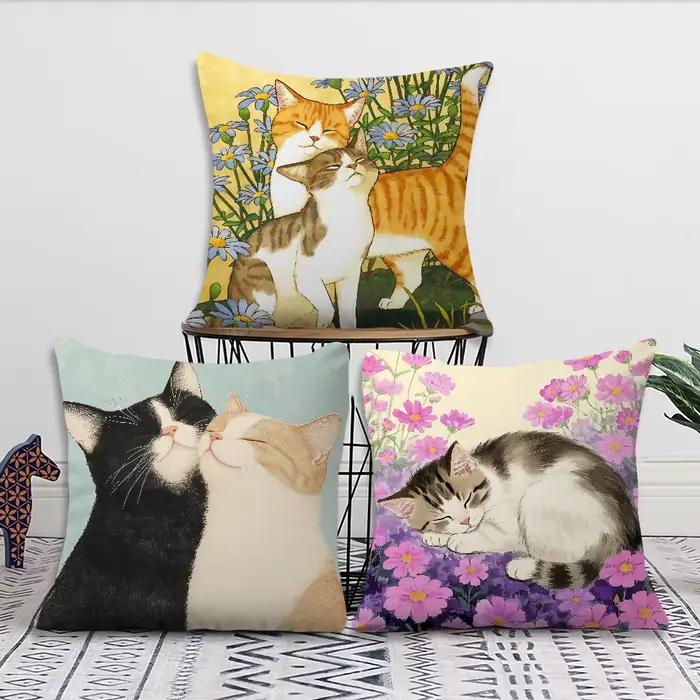 Housse de coussin motif chaton mignon et fleur