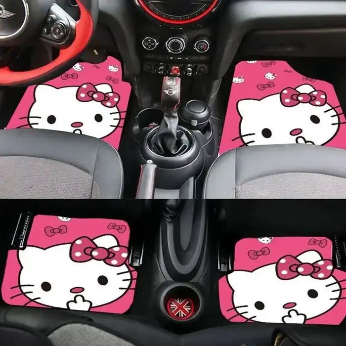 Ensemble de 4 pièces de coussin de voiture Hello Kitty, housse de sol Kawaii, tapis à motif de personnage de dessin animé, doux, décor pratique d'hiver, cadeau