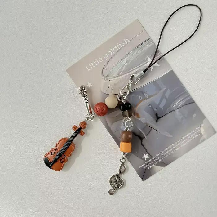 Violon Microphone perle musique porte-clés chaîne de téléphone portable Niche rétro sac pendentif Blackpack lanière accessoire porte-clés cadeaux