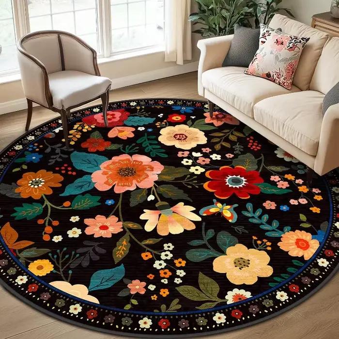 Tapis rond noir à fleurs bohèmes