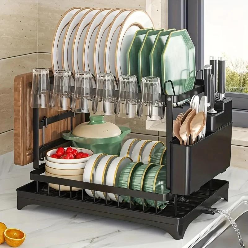 Égouttoir à vaisselle double couche 1 pièce, support de rangement de cuisine pour baguettes, tasses
