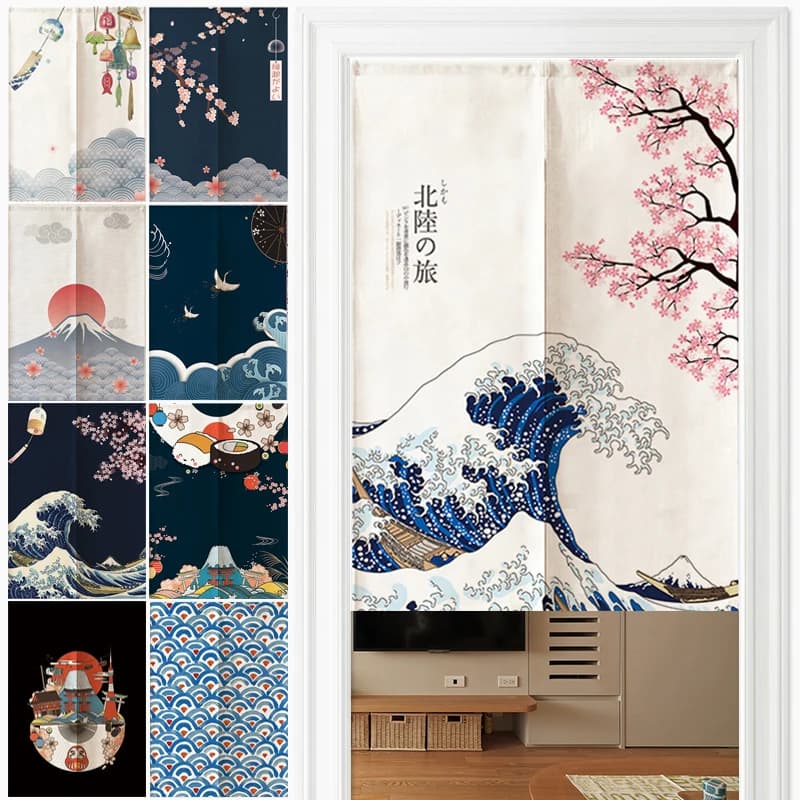 Rideau de porte en lin japonais, nordique, mont Fuji, vagues, cloison, chambre à coucher, cuisine, d