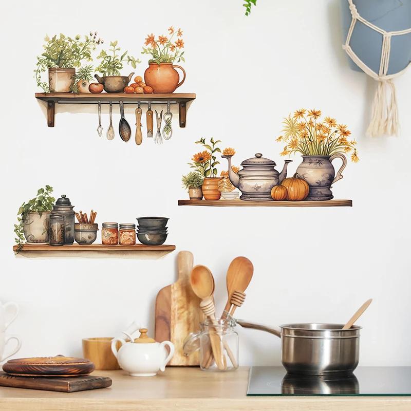 Plantes vertes peintes, fleurs, ustensiles de cuisine en pot, autocollants muraux d'embellissement d