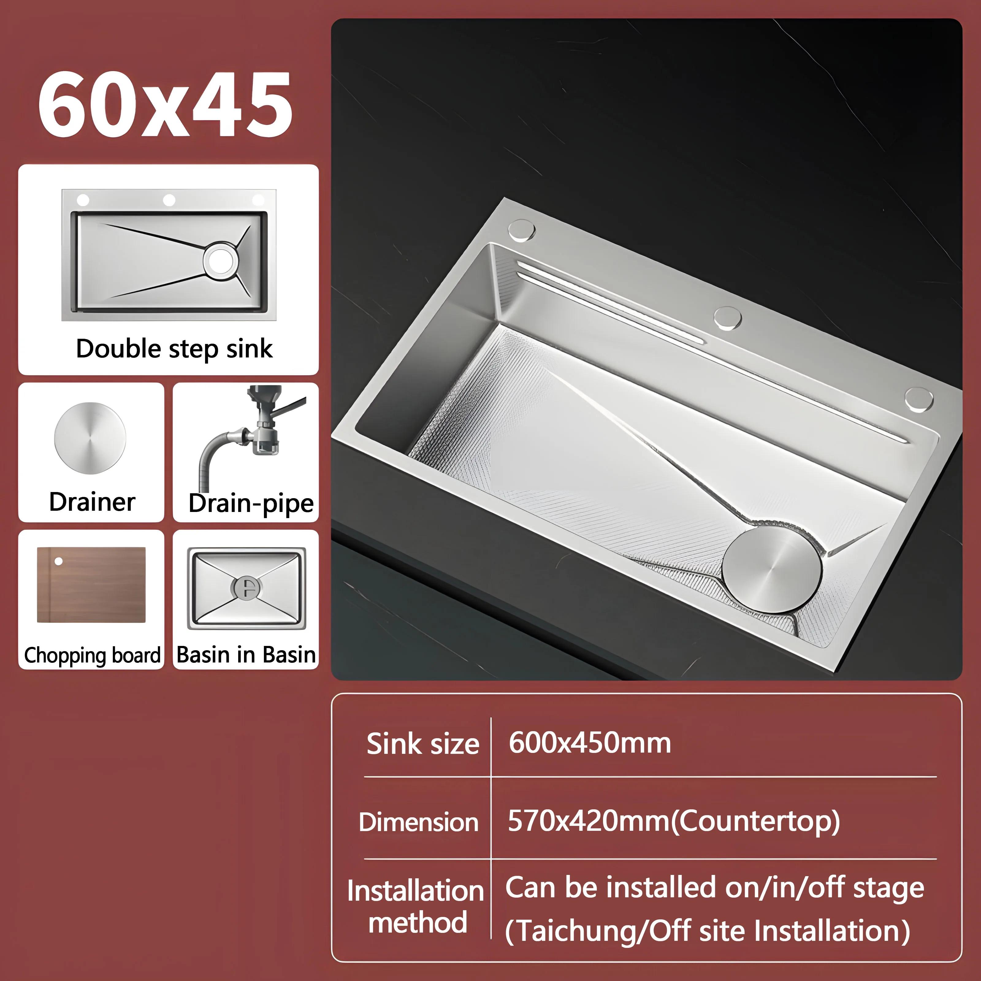 Évier de cuisine en acier inoxydable 304, grand lavabo multifonction en relief argenté à fente uniqu