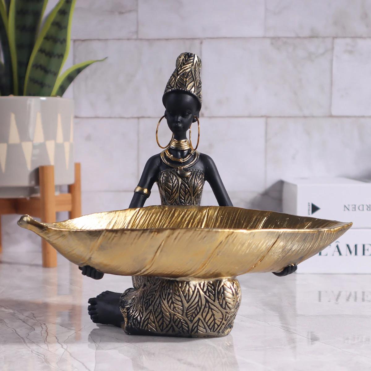 Sculpture de fille africaine tenant une assiette, ornement de rangement décoratif pour la maison et