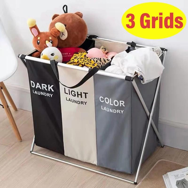 Panier à linge pliable à 3 grilles, grande capacité, organisateur de vêtements, jouets, support en aluminium, panier à linge étanche pour salle de bain