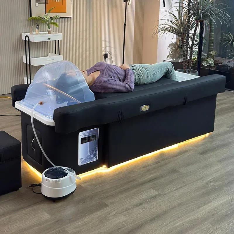 Lit de lavage moderne 2026 pour salon de beauté avec dossier relevable, fonctions de lavage des cheveux, massage de la tête, spa pour les pieds et pédicure
