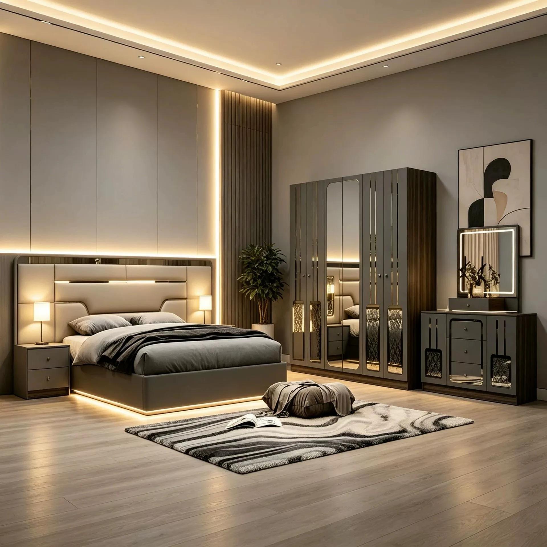 Ensemble de chambre à coucher de style turc MINBDIBAO – Lit king-size avec tête de lit rembourrée, tables de chevet, armoire avec portes miroir, commode