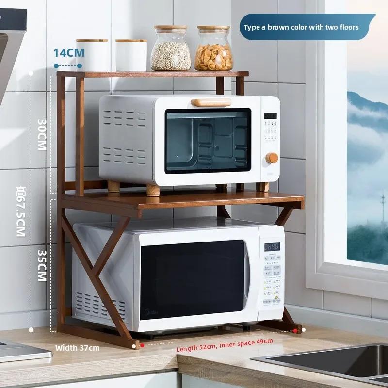 Étagère de cuisine multifonctionnelle pour comptoir, double support pour micro-ondes, étagère de rangement pour assaisonnements et four, en bambou et bois massif