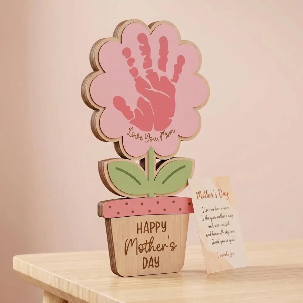 Plaque décorative peinte à la main pour la Fête des Mères, cadeau pour maman, ornement DIY avec empreinte de main, décoration de table plate 2D avec fleurs, apprentissage pour enfants
