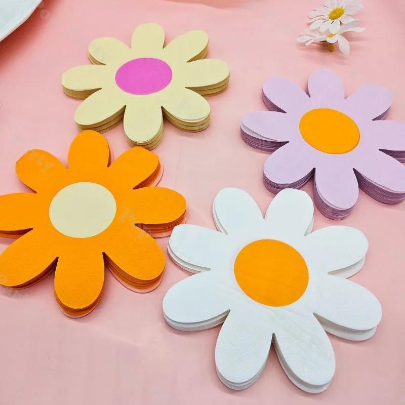 20 serviettes en papier à motifs floraux - Jaune, orange, violet, blanc, serviettes de table douces en forme de pétales pour mariage, fête, décoration