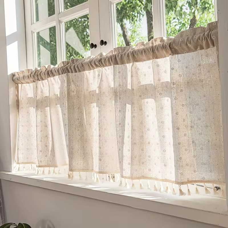 Rideau court en coton et lin à motif floral avec pompons, passe-tringle supérieur, idéal pour la déc