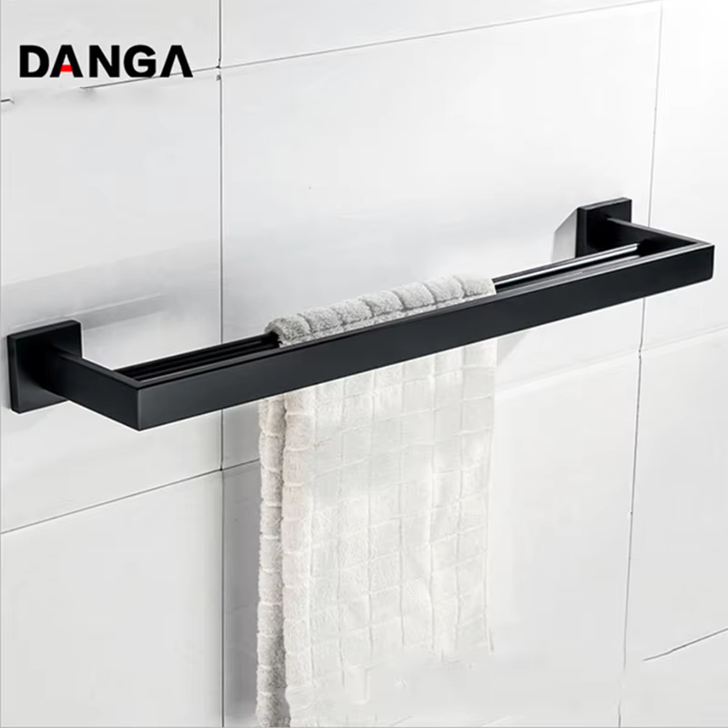 Porte-serviettes noir, étagère de salle de bain noire, Double couche, porte-serviettes mural, étagèr