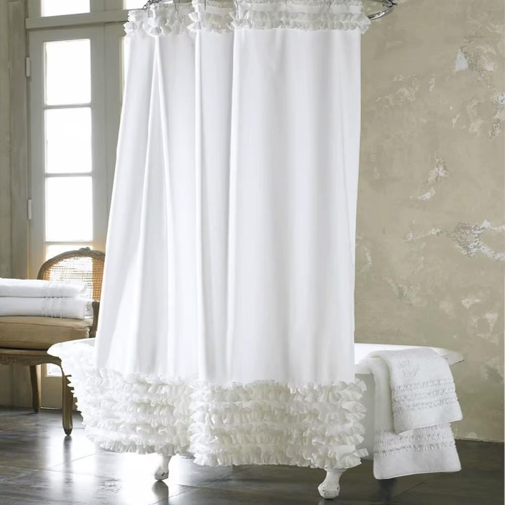 Rideau de douche à volants en dentelle blanche unie, rideaux de bain imperméables en polyester, croc