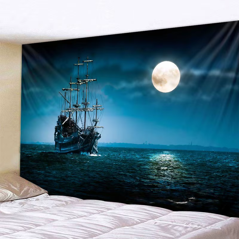 Tapisserie murale nautique, bateau pirate, décoration psychédélique, esthétique, décoration murale p