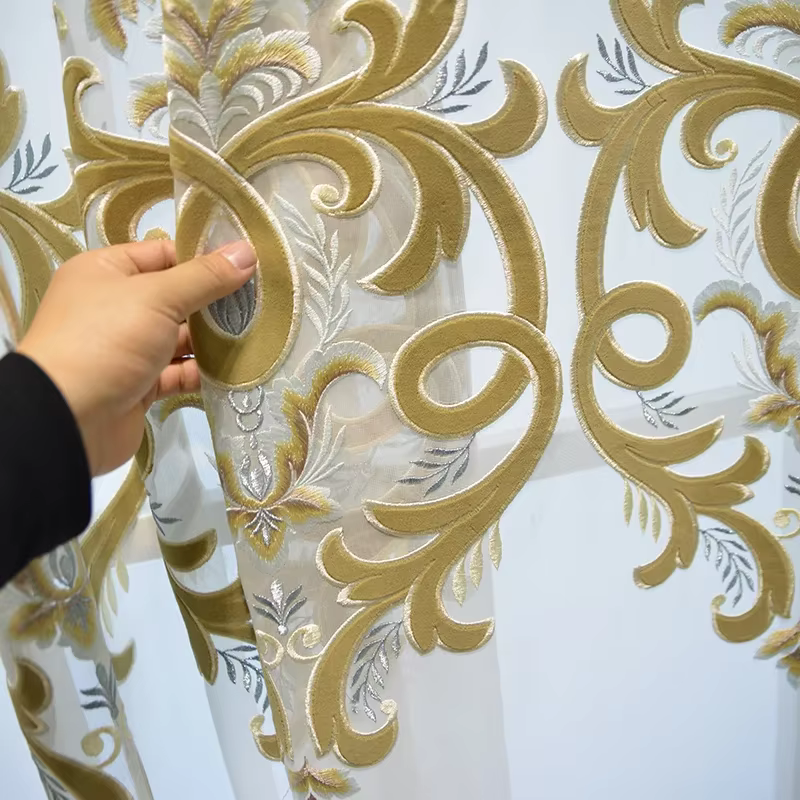 Rideau de luxe européen français en flanelle brodée de fleurs, rideau d'ambiance haut de gamme pour 