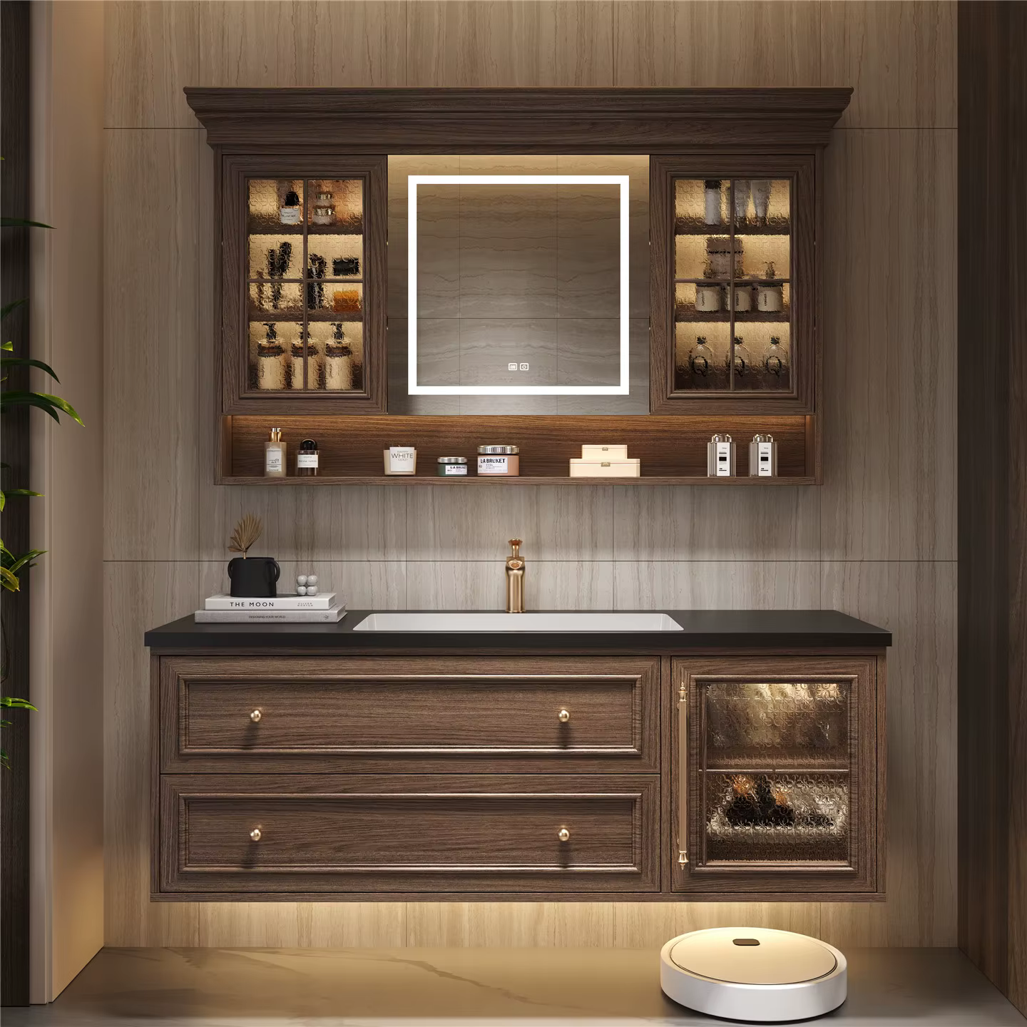 Meubles sous-vasque de salle de bain, style français, 15 cm de profondeur, esthétique marron, rétro 