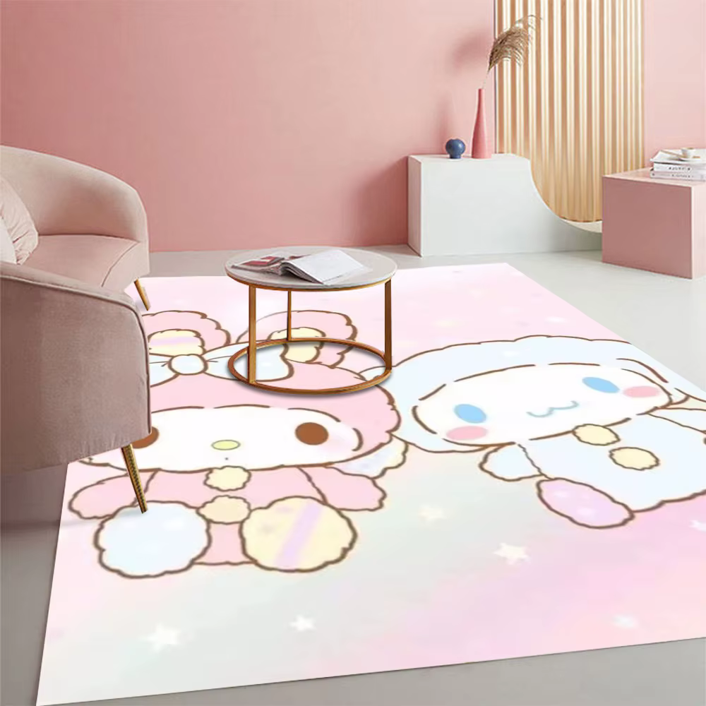 Tapis de sol antidérapant Sanrio My Melody à imprimé fraises, fond rayé rose avec de jolis cœurs, po