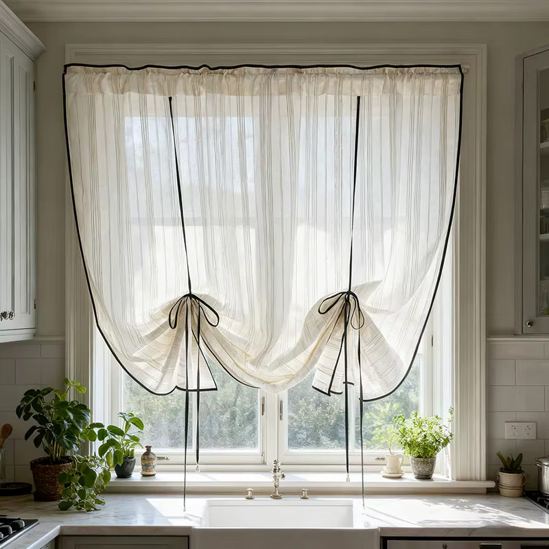 Petit rideau français rétro rayé, Beige, Semi-Transparent, cloison anti-poussière, pour porte de cui