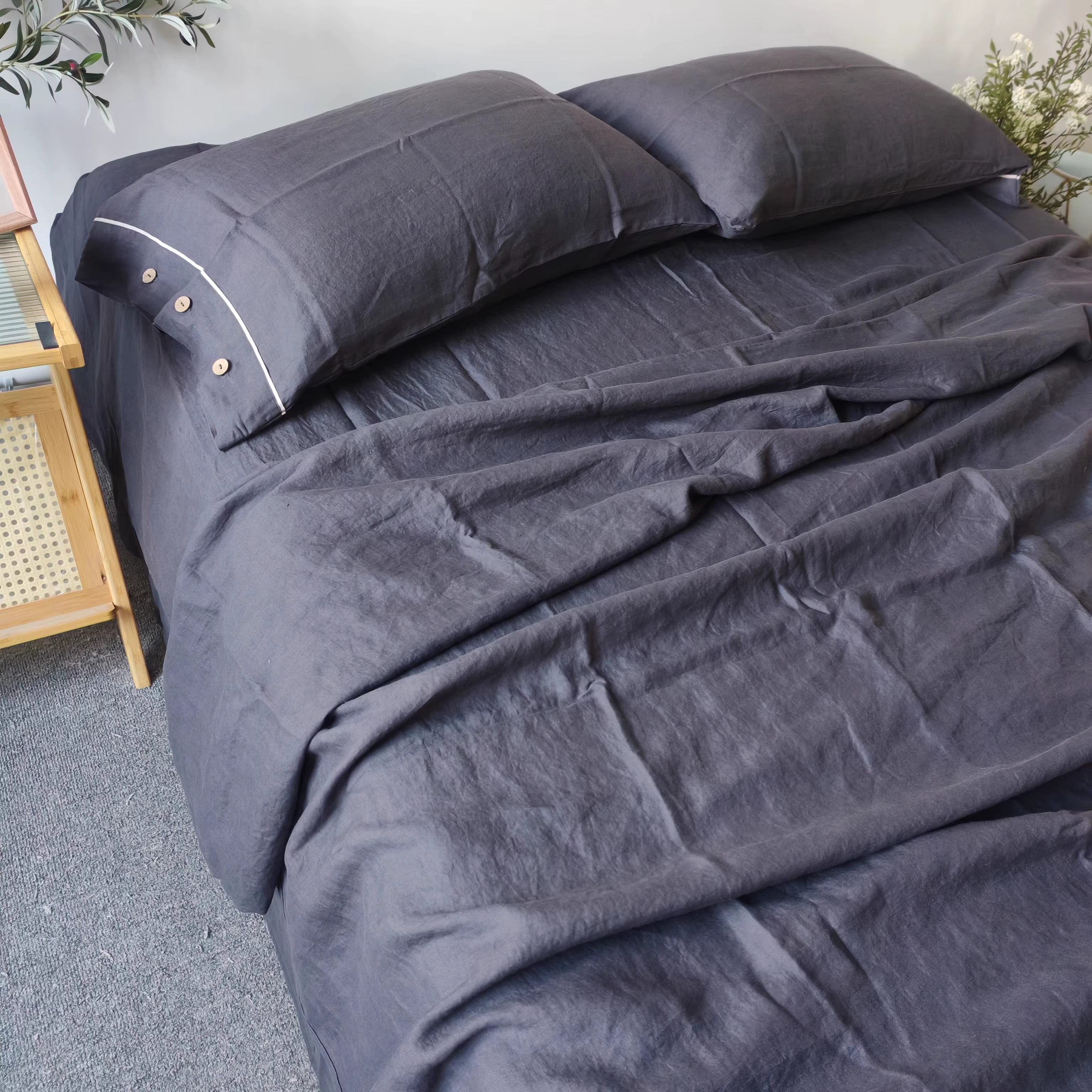 Ensemble de literie 100% lin, housse de couette, couleur unie, gris foncé, housse de couette, drap-h