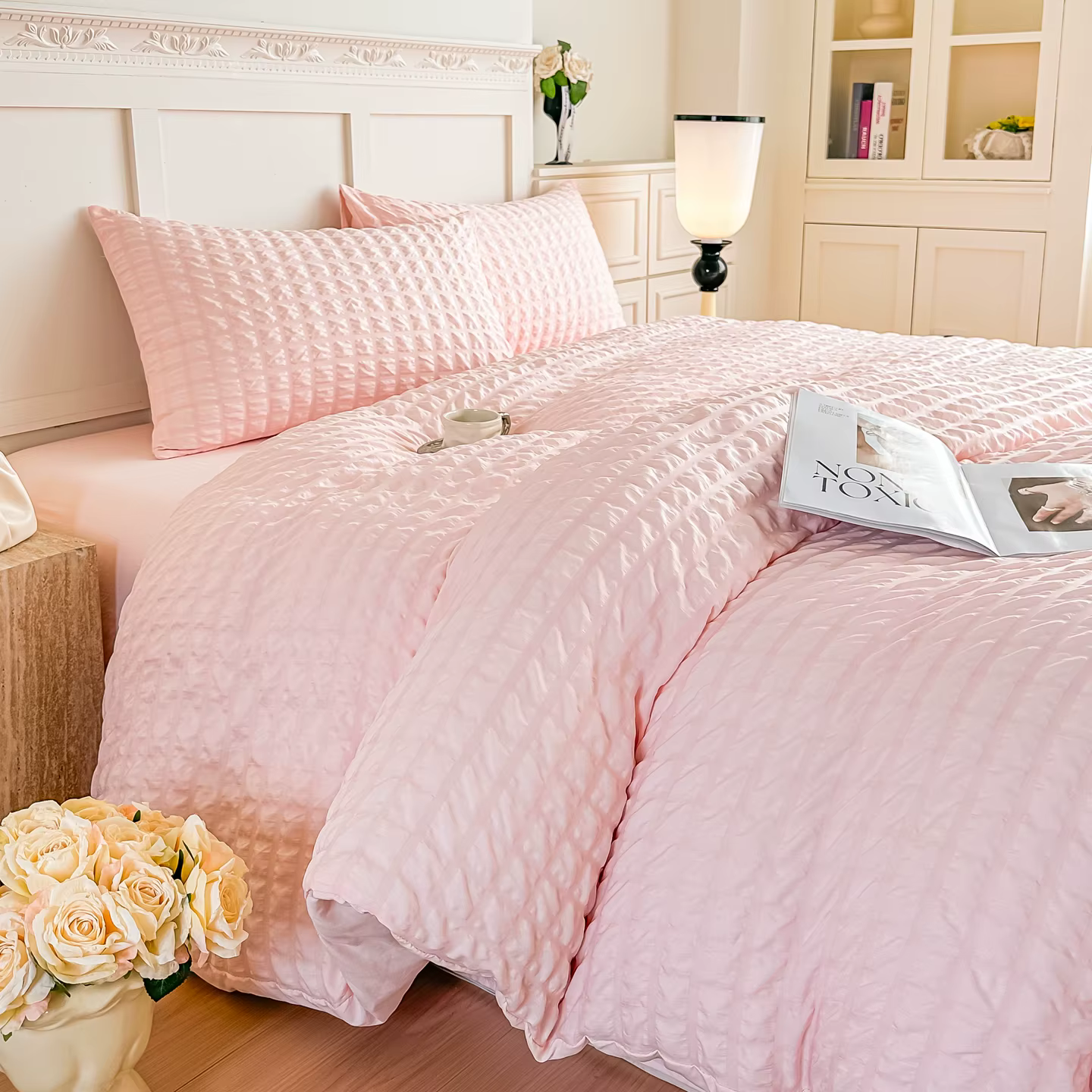 Ensemble de housse de couette seersucker blanc 3 pièces (1 * housse de couette + 2 * taie d'oreiller