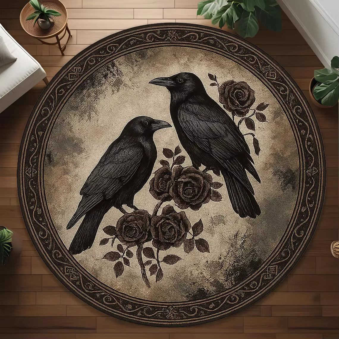 Tapis rond vintage avec motifs de corbeaux et de roses, tapis de sol antidérapant de style gothique 