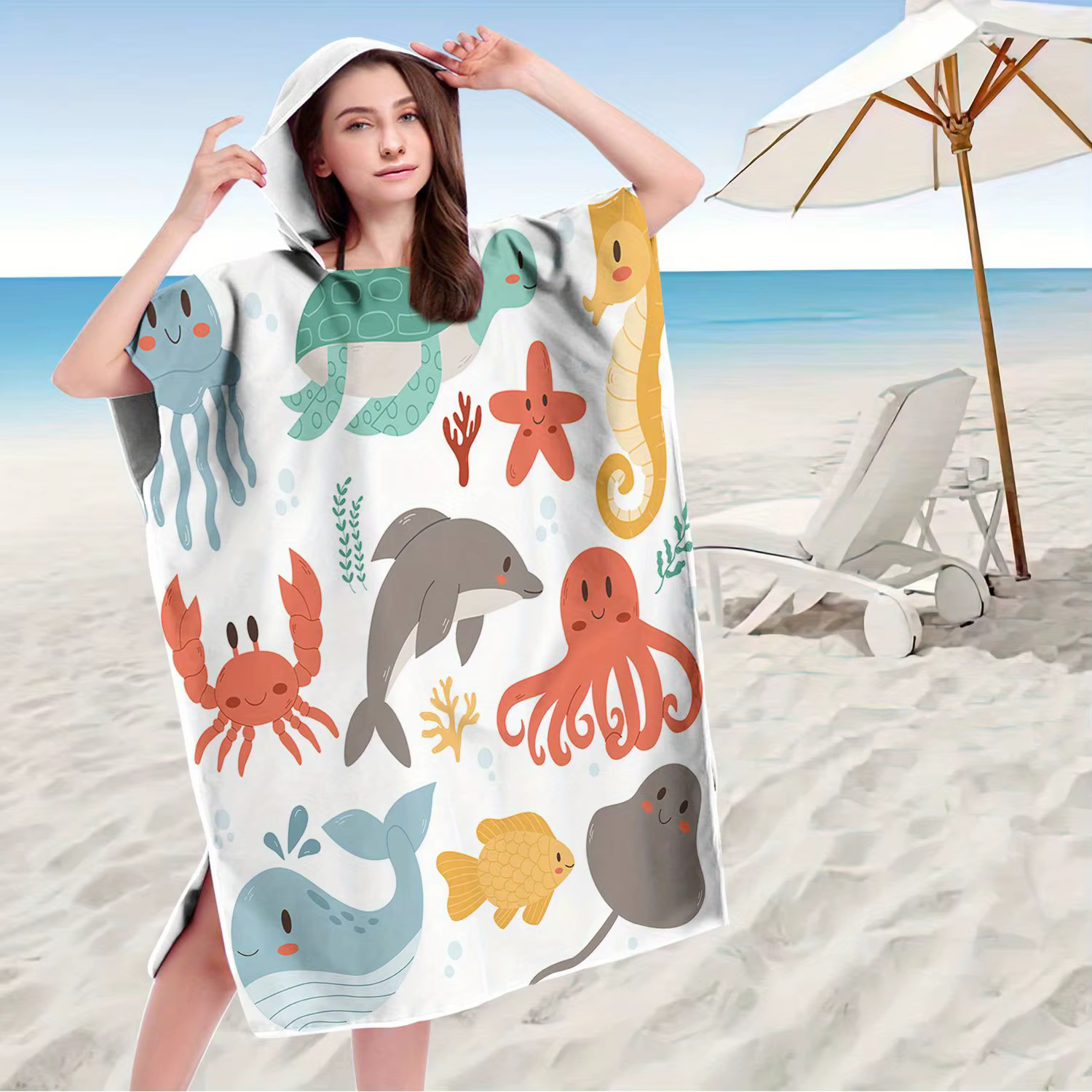 1 pièce Poncho de bain à capuche à imprimé animaux marins mignon, en polyester à séchage rapide, idé