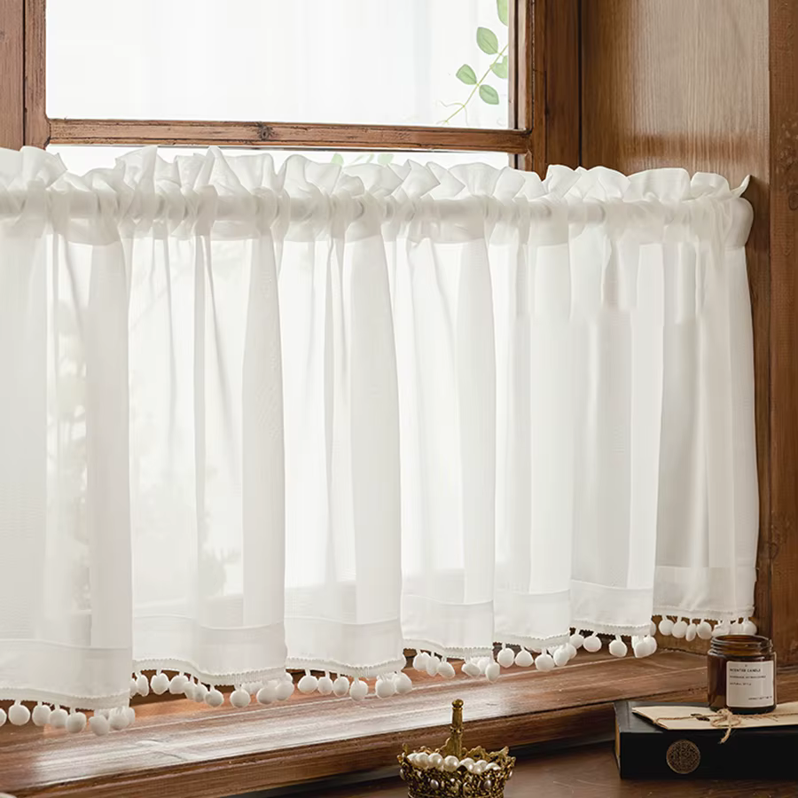 Rideaux en gaze polyvalents blancs modernes, bord astronomique, dentelle pom pom pom, rideaux courts