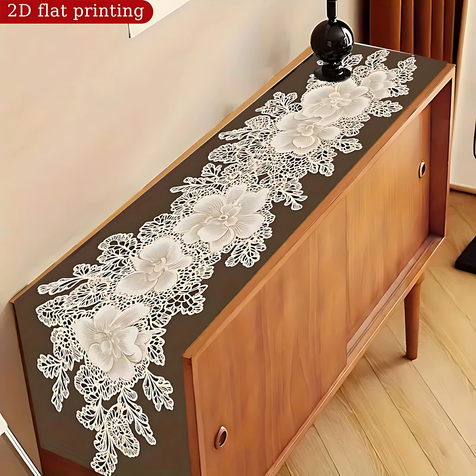 1 pièce Chemin de table en dentelle florale de style européen, imprimé plat 2D, style luxe léger, po