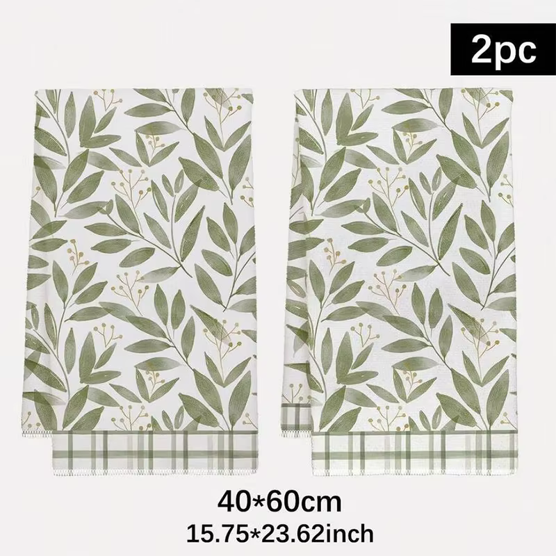 Lot de 2 serviettes de cuisine à motifs de feuilles vertes avec bords quadrillés, ensemble de servie