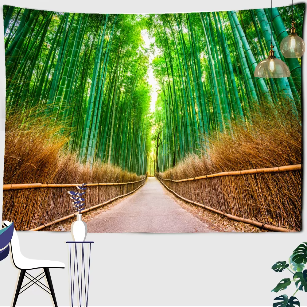 Tapisserie de forêt de bambou vert, décoration d'art de dortoir de chambre d'hélicoptère, paysage na