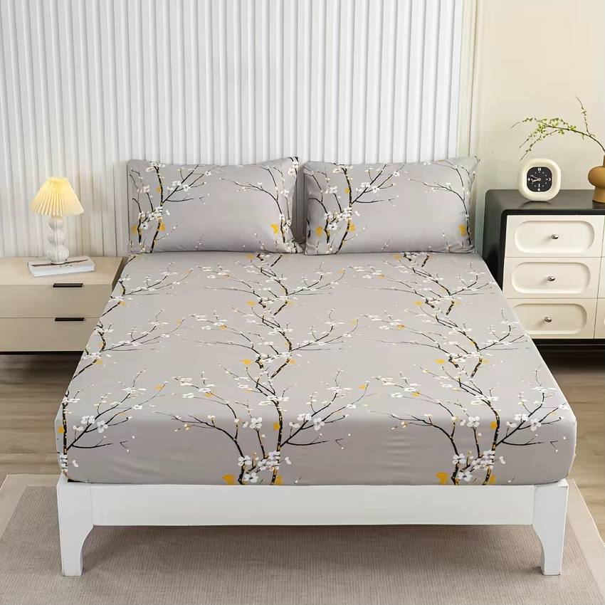 Ensemble de Drap-Juste à Motif Imprimé, 1 x Drap-Juste + 2 x Taies d'Oreiller, Sans Noyau, 3 Pièces